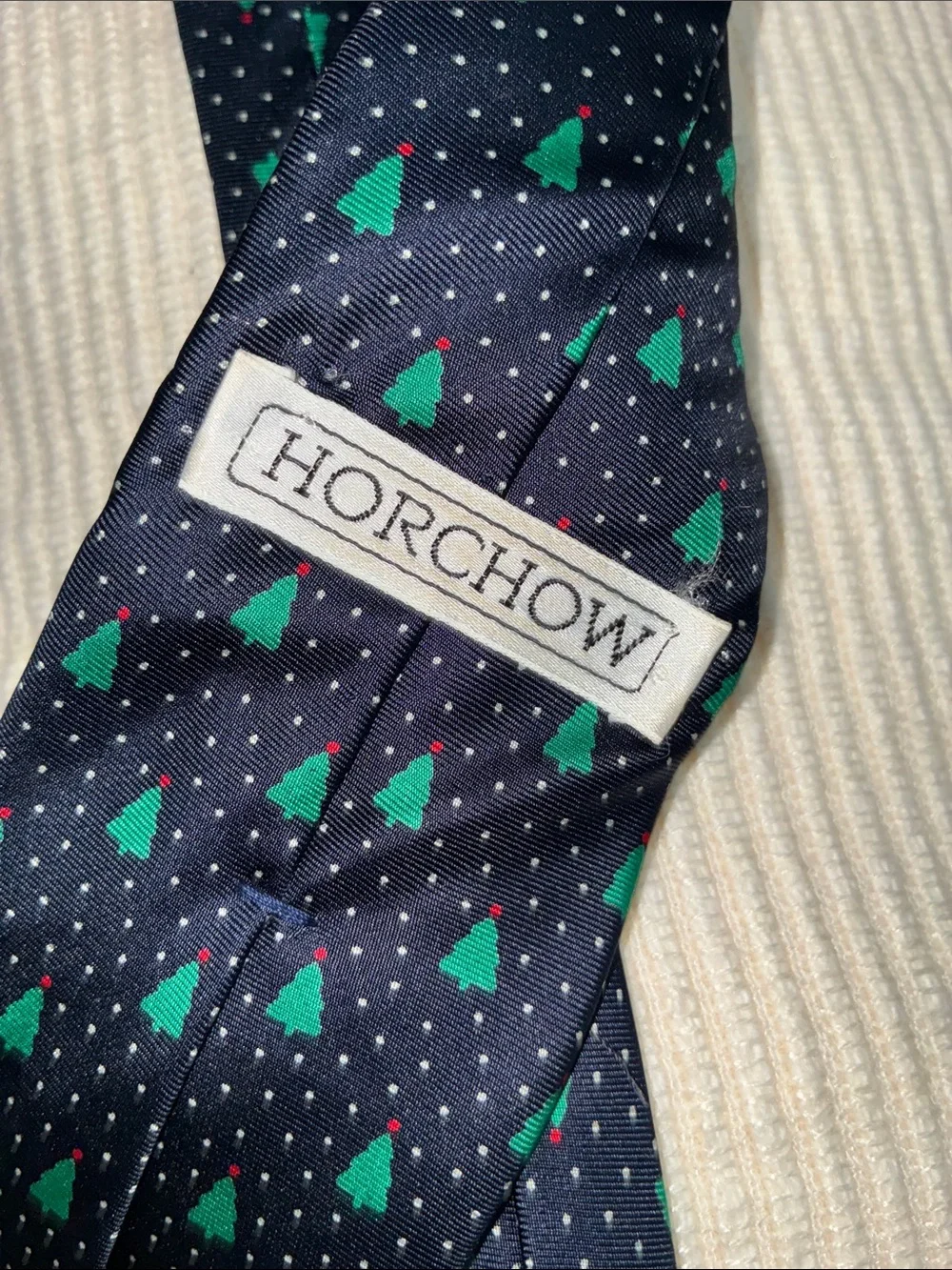 Vintage Horchow Navy Tie with Green Christmas Tree Pattern 100% Silk